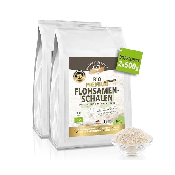 GOLDEN PEANUT Coquilles de psyllium bio 500 g, pureté 99%, indienne, riche en fibres, sans gluten, végétalien, produit nature