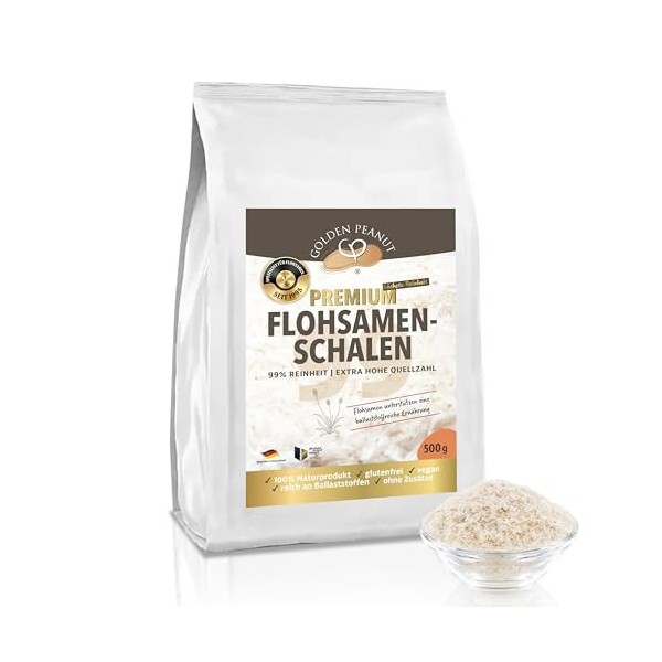 GOLDEN PEANUT Coquilles de psyllium 2 x 500 g - 99 % de pureté - Inde - Produit naturel - Nombre de sources le plus élevé - R