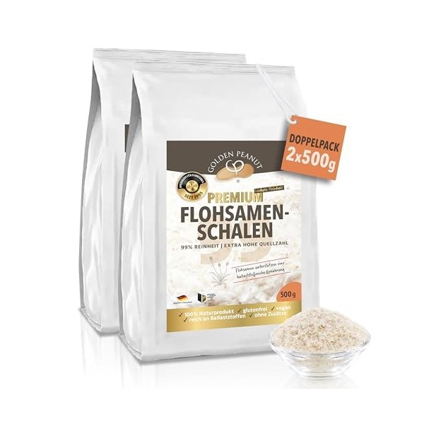 GOLDEN PEANUT Coquilles de psyllium 2 x 500 g - 99 % de pureté - Inde - Produit naturel - Nombre de sources le plus élevé - R