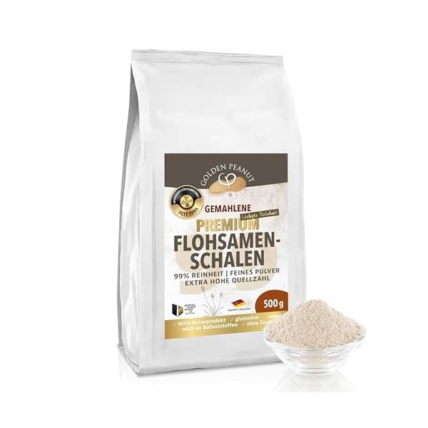 GOLDEN PEANUT Coquilles de psyllium en poudre 99 % 2 x 500 g Psyllium finement moulu sans additifs sans gluten ingrédient de 