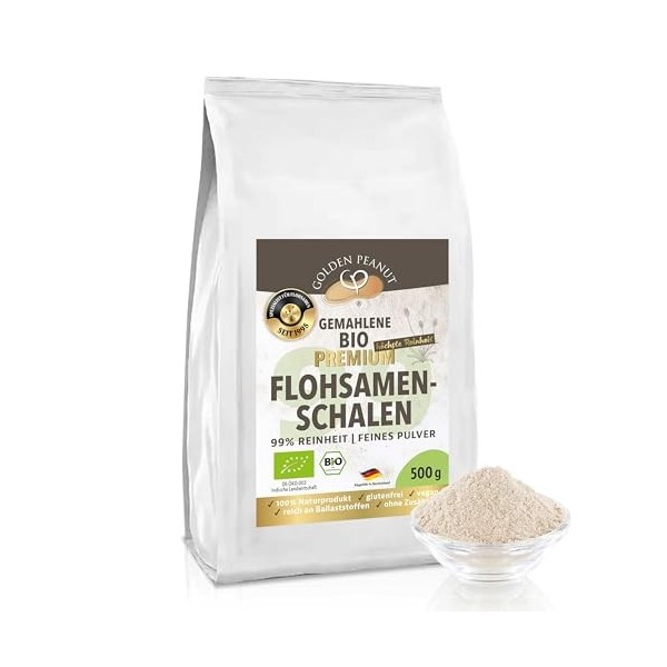 Coquilles de psyllium bio en poudre 99 %, finement moulues 2 x 500 g, extra blanc, réduit les germes, issu de récoltes fraîch