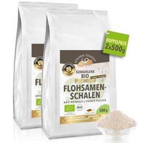 Coquilles de psyllium bio en poudre 99 %, finement moulues 2 x 500 g, extra blanc, réduit les germes, issu de récoltes fraîch