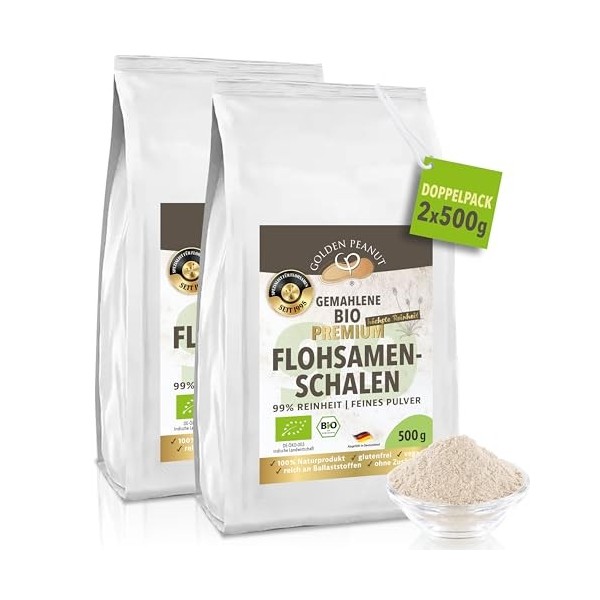 Coquilles de psyllium bio en poudre 99 %, finement moulues 2 x 500 g, extra blanc, réduit les germes, issu de récoltes fraîch