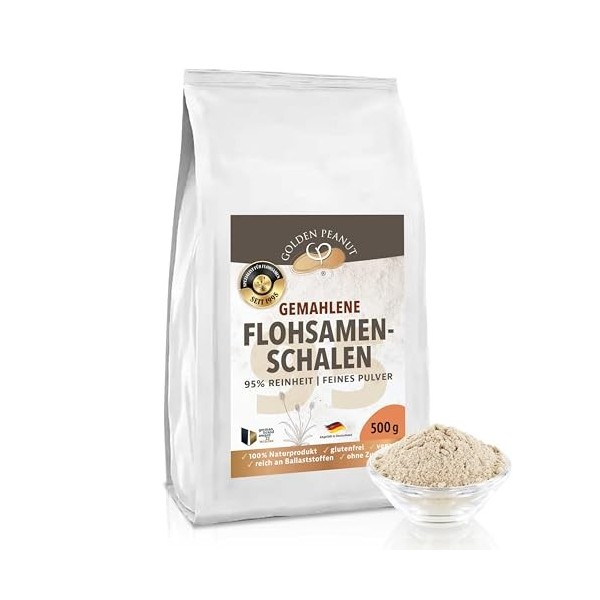 GOLDEN PEANUT Coquilles de psyllium en poudre 95 % 2 x 500 g, Psyllium finement moulu, sans additifs, sans gluten, ingrédient