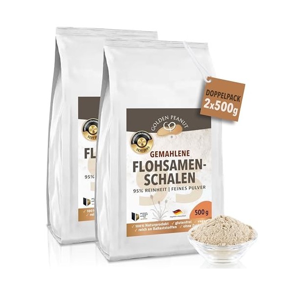 GOLDEN PEANUT Coquilles de psyllium en poudre 95 % 2 x 500 g, Psyllium finement moulu, sans additifs, sans gluten, ingrédient