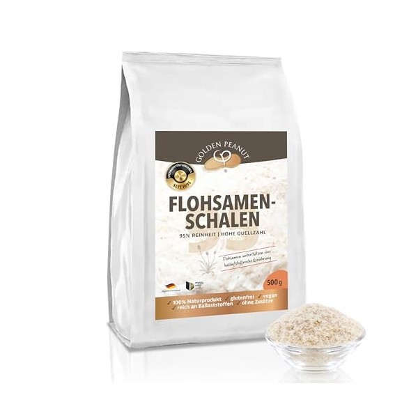 GOLDEN PEANUT Coquilles de psyllium 500 g 95 % de pureté élevée sans gluten, riche en fibres, végétalien, produit naturel Psy...