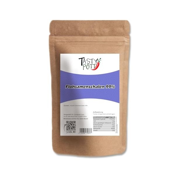 Tasty Pott Coquilles de psyllium de qualité supérieure - Pureté à 99 % - Fibres - Nutrition végétalienne - Complément aliment...