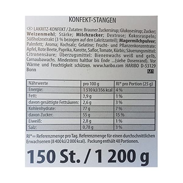 Haribo barres de confiserie boîte ronde 150 pièces, 1200g Réglisse