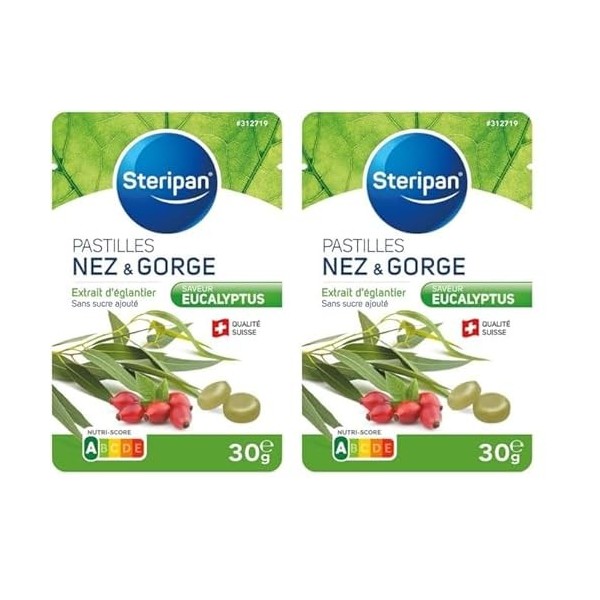 Steripan - Pastilles Nez & Gorge - Saveur Eucalyptus - Extraits dÉglantier - Sans Sucre Ajouté - 30g Lot de 2 