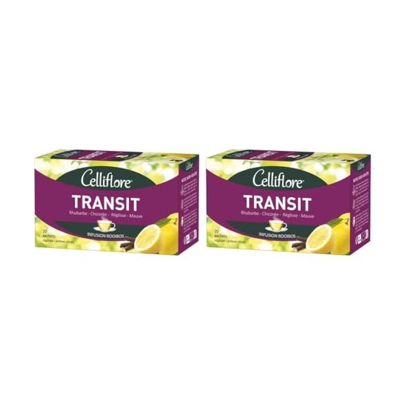 CELLIFLORE - Infusion Transit - A Base De Rhubarbe, Chicorée, Réglisse, Mauve - Saveur Citron & Réglisse - 20 Sachets Lot de