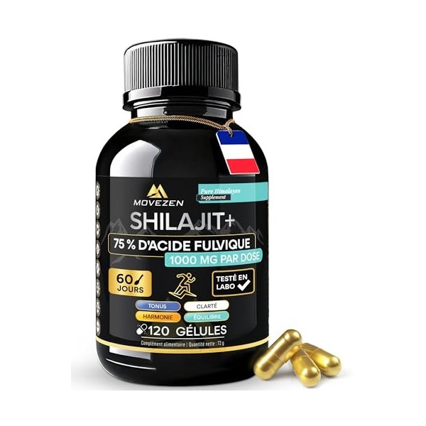 Shilajit Pur de l’Himalaya en Gélules Bio - Hautement Dosé 1000 mg – Extrait 5:1 à +75% d’Acide Fulvique – 120 Gélules Végan 