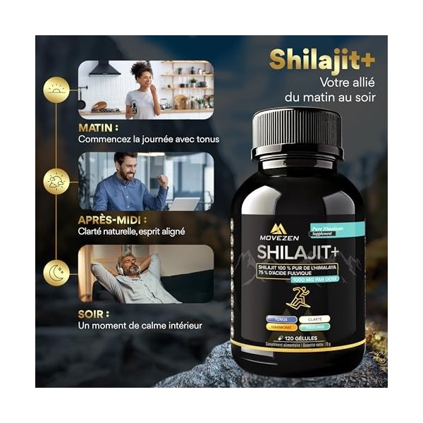 Shilajit Pur de l’Himalaya en Gélules Bio - Hautement Dosé 1000 mg – Extrait 5:1 à +75% d’Acide Fulvique – 120 Gélules Végan 