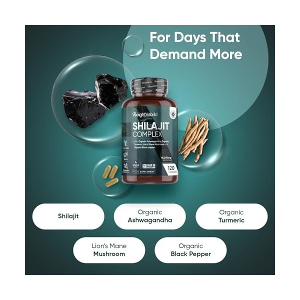 Shilajit Gelules 18210mg, Shilajit Himalaya Complexe 120 Gélules Vegan, Ashwagandha Bio, Curcuma Bio, Champignon Crinière de 