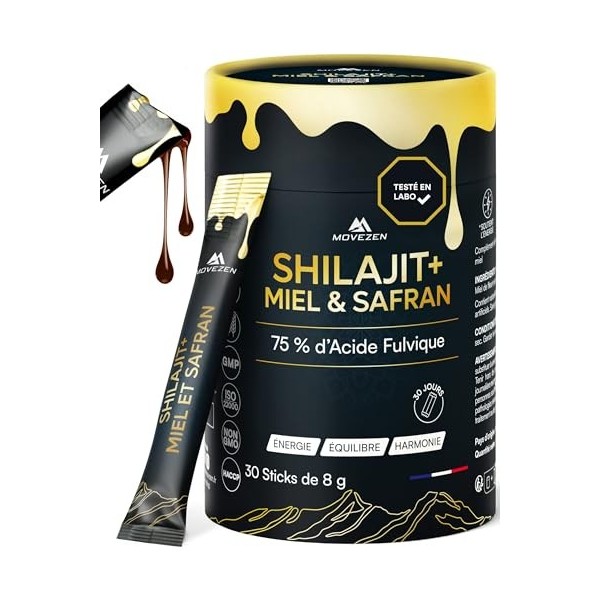 MOVEZEN Shilajit+ Miel & Safran Bio, Résine Authentique 100% Pure de l’Himalaya, Énergie Durable, Vitalité, Concentration, 30