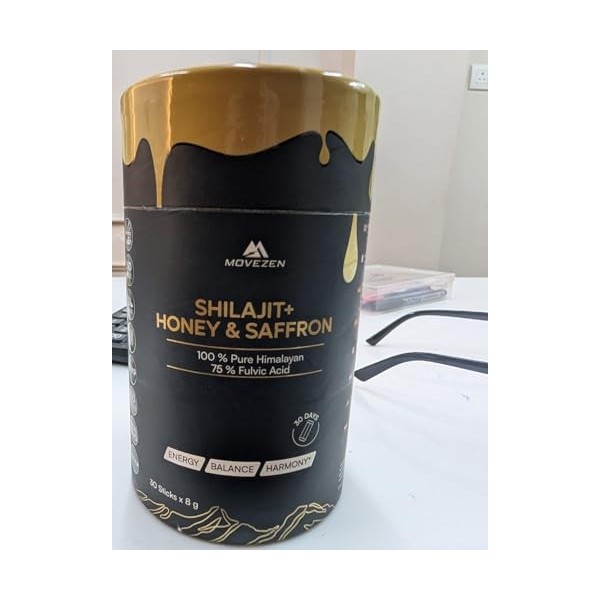 MOVEZEN Shilajit+ Miel & Safran Bio, Résine Authentique 100% Pure de l’Himalaya, Énergie Durable, Vitalité, Concentration, 30
