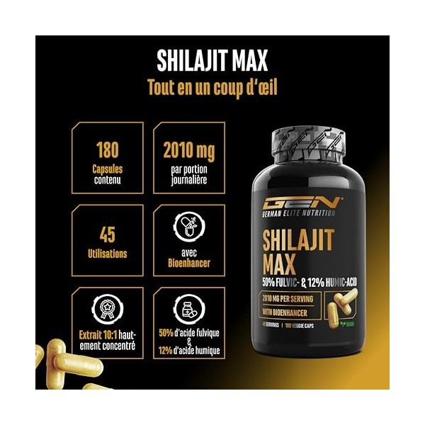 Mumijo Shilajit Max - 180 gélules à haut dosage avec 2000 mg par dose journalière - extrait original 10:1 avec 50% d’acide fu