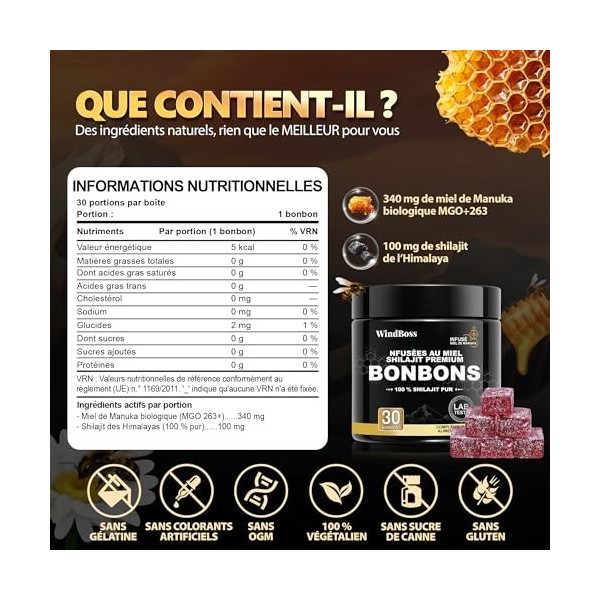 Gummies de Shilajit Pur de lHimalaya – Complément Bien-Être pour Hommes 30 Pièces/Boîte – Approvisionnement de 30 Jours