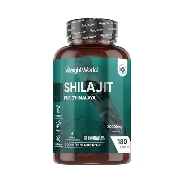 Shilajit Pure Gelules Vegan 180 Gélules 20000mg, Shilajit Pure Himalaya Acide Fulvique Acide Humique & Minéraux, 6 Mois de St