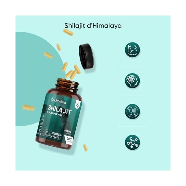 Shilajit Pure Gelules Vegan 180 Gélules 20000mg, Shilajit Pure Himalaya Acide Fulvique Acide Humique & Minéraux, 6 Mois de St