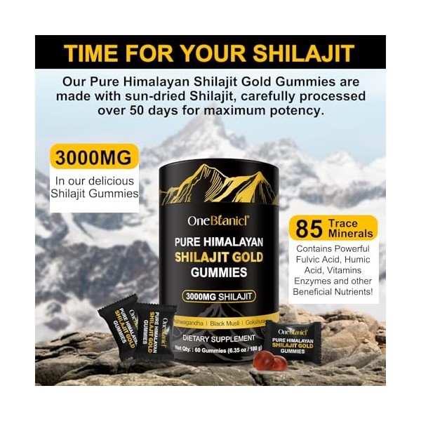 Gommes de Shilajit 3000mg pour hommes et femmes, Shilajit Gummies, 60 gommes