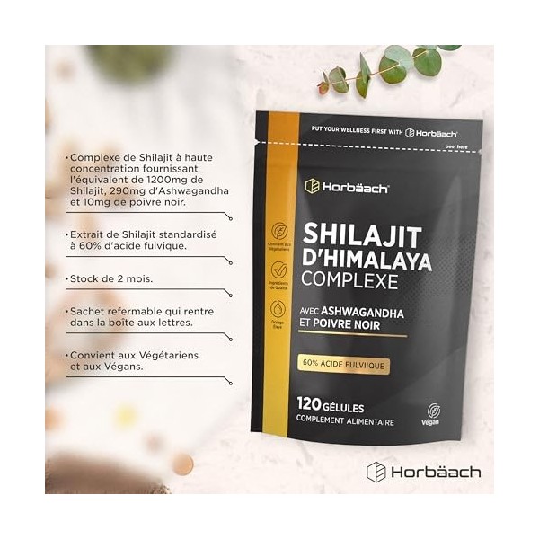 Shilajit Pure Himalaya 1500 mg | 60% Acides Fulviques | 90 Gélules Vegan | Complément Alimentaire Extrait Essentiel de Shilaj