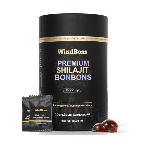 WindBoss Shilajit Pur de l’Himalaya – Gommes Véganes | 60 Gommes Individuellement Emballées |Faciles à Emporter
