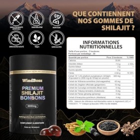 WindBoss Shilajit Pur de l’Himalaya – Gommes Véganes | 60 Gommes Individuellement Emballées |Faciles à Emporter
