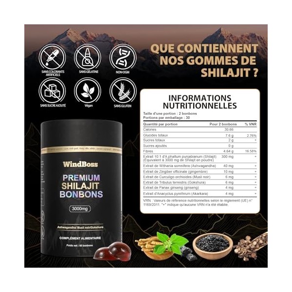 WindBoss Shilajit Pur de l’Himalaya – Gommes Véganes | 60 Gommes Individuellement Emballées |Faciles à Emporter