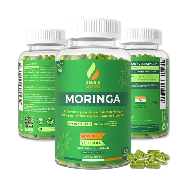 Gene & Good® Moringa Oleifera – 120 Gélules Végétales – 1500 mg par Portion – Poudre de Feuilles Premium d’Inde – Complément ...