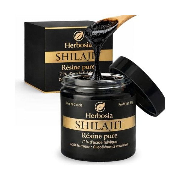 HERBOSIA Shilajit lHimalaya + Énergie Naturelle 100%, Résine de Shilajit Pur 50g Authentique | 71% Acides Fulviques + Minéra