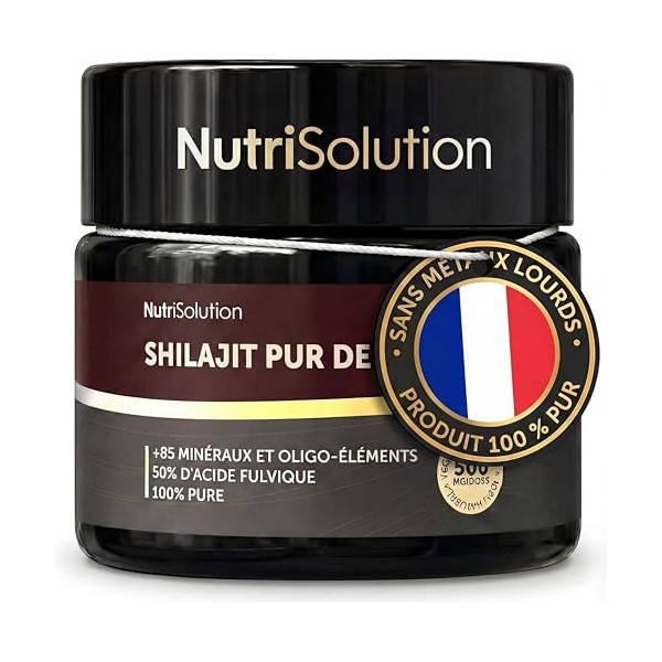 NutriSolution® Shilajit Pur de lHimalaya - Résine Authentique - 500 mg par Dose - 50% dAcide Fulvique - +85 Minéraux et Oli