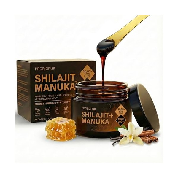 PROBIOPUR - Shilajit + Manuka – 50g -Formule exclusive 2-en-1 – Résine 100% pure Himalaya + Manuka MGO 200+ – Acide fulvique 