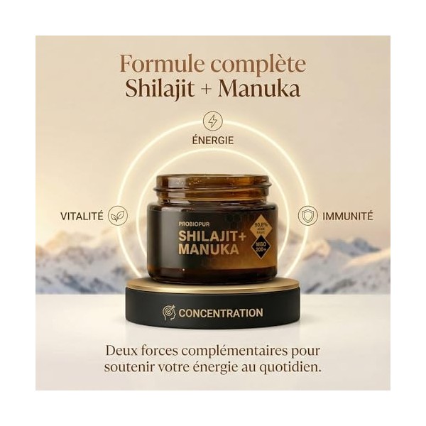 PROBIOPUR - Shilajit + Manuka – 50g -Formule exclusive 2-en-1 – Résine 100% pure Himalaya + Manuka MGO 200+ – Acide fulvique 