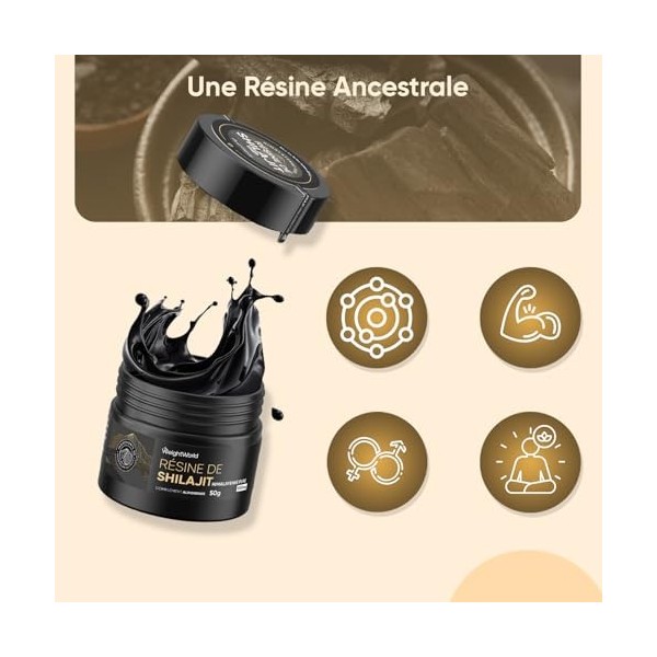Resine de Shilajit Himalaya Vegan 50g avec 87% dAcide Fulvique, sans OGM, sans Gluten, 800 mg par Portion, Alternative au Sh