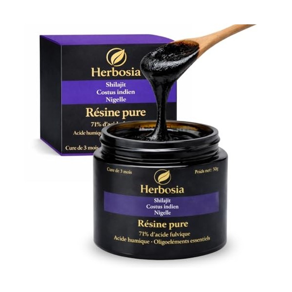 HERBOSIA Shilajit Costus Nigelle - Formule résine pure 50g - Naturel Triple extrait Premium - Qualité Française