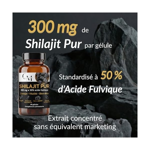 Shilajit Pur Gélules 300 mg – Extrait Standardisé à 50% d’Acide Fulvique – Complément Alimentaire Premium – Énergie & Vitalit