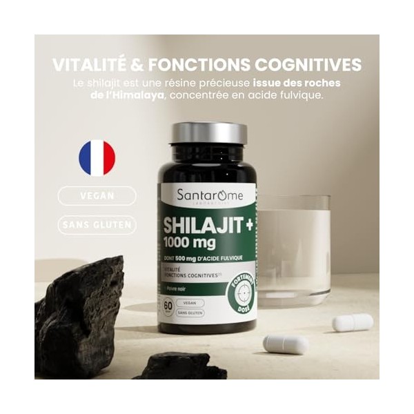 Santarome - Shilajit 1000 mg – Dont 500 mg d’Acide Fulvique – Soutien de la Vitalité & des Fonctions Cognitives – Avec Poivre