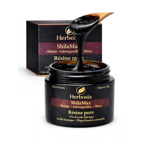 HERBOSIA Shilajit maca ashwaganda formule triple action – Résine pure de Shilajit 100% naturelle | Riche en acide fulvique et
