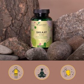 Shilajit Pure 78.000 mg Vegavero® | 180 Gélules | Extrait 60:1 | 60% Acides Fulviques + 12% Humiques | Résine de lHimalaya | ...