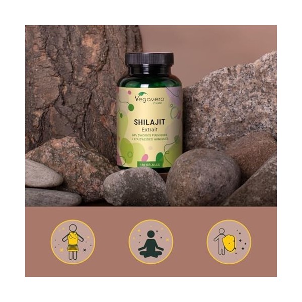 Shilajit Pure 78.000 mg Vegavero® | 180 Gélules | Extrait 60:1 | 60% Acides Fulviques + 12% Humiques | Résine de lHimalaya | ...