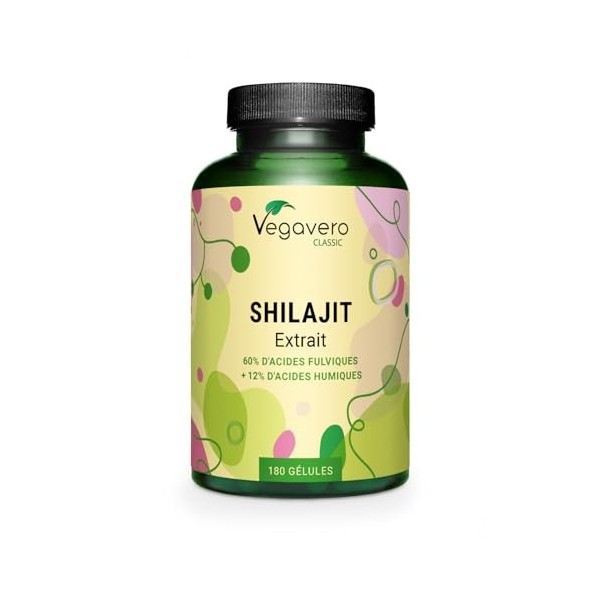 Shilajit Pure 78.000 mg Vegavero® | 180 Gélules | Extrait 60:1 | 60% Acides Fulviques + 12% Humiques | Résine de lHimalaya | ...