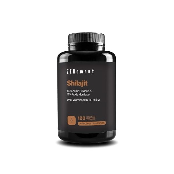 Shilajit Pur Himalaya 1300 mg Équiv. 45000 mg par Jour - 60 % Acide Fulvique, 12 % Humique - Vitamines B6, B9, B12-120 Gélu