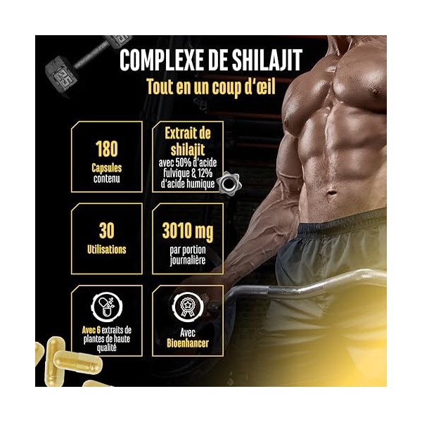 Shilajit Complex - 180 gélules - Hautement dosé avec 3010 mg par portion journalière - Avec ginseng, schisandra, triphala, ex