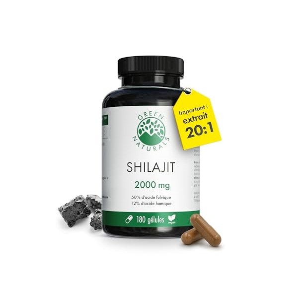 Shilajit 40.000 mg extrait 20:1 - Gélules Himalaya originales contenant 50% dacide fulvique et 12% dacide humique – 180 g