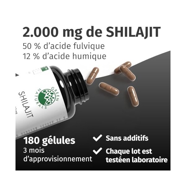 Shilajit 40.000 mg extrait 20:1 - Gélules Himalaya originales contenant 50% dacide fulvique et 12% dacide humique – 180 g