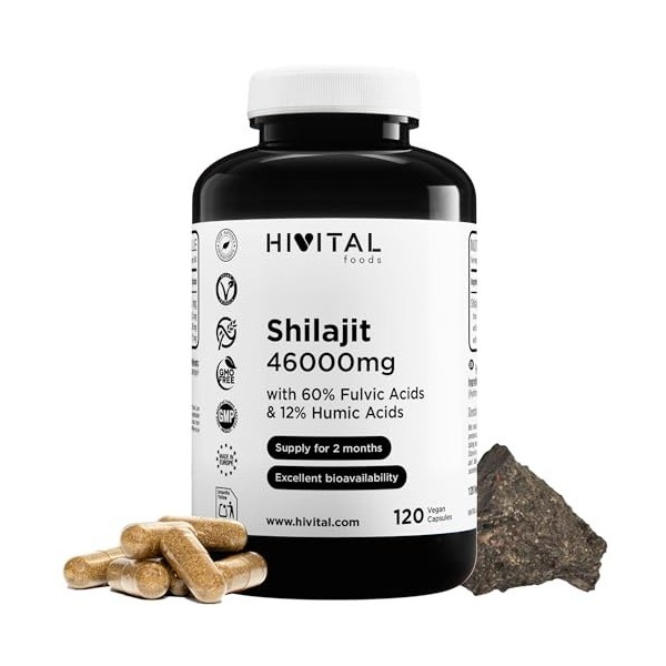 Shilajit Pure 46000 mg. 120 gélules végétaliennes pour 2 mois de traitement. 60% dAcides Fulviques et 12% dAcides Humiques.