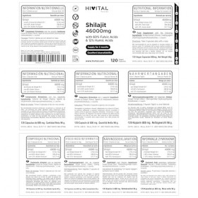 Shilajit Pure 46000 mg. 120 gélules végétaliennes pour 2 mois de traitement. 60% dAcides Fulviques et 12% dAcides Humiques.