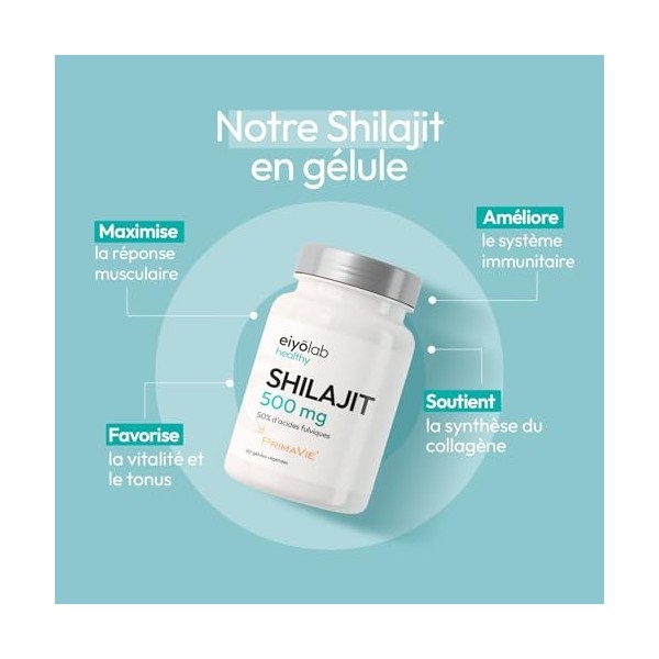 Shilajit Breveté PRIMAVIE® | Extrait Pur en Gélules | Immunité, Musculation et Articulations | Riche en Acide Fulvique 50% 
