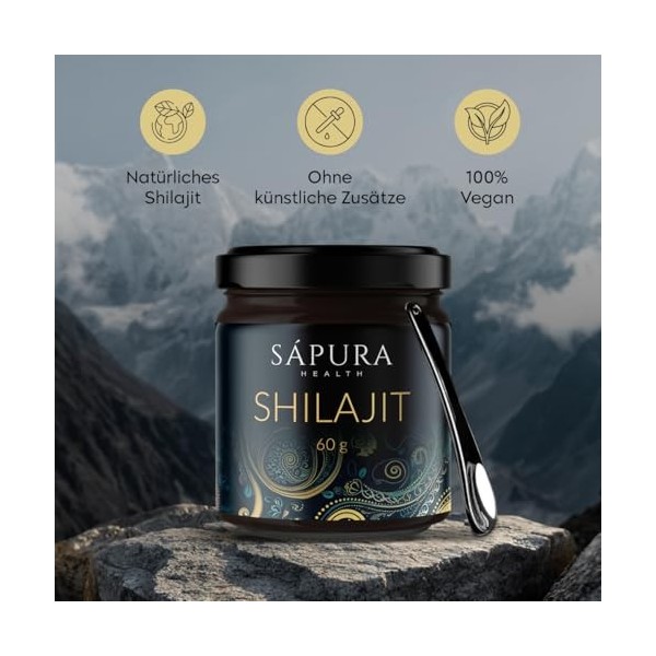 Shilajit Résine originale 60 g avec cuillère – Acide fulvique + acide humique + 85 minéraux | Avec rapport de laboratoire et 