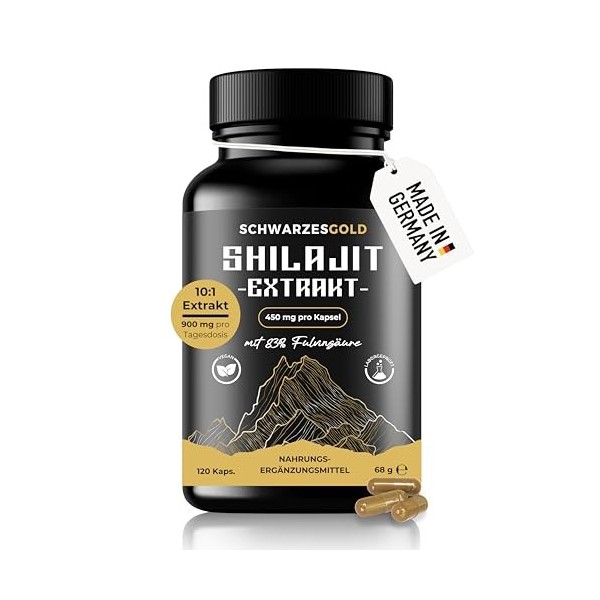 SCHWARZESGOLD® Shilajit Capsules dorigine hautement dosées – Extrait 10:1 – 83 % dacide fulvique | Mise en bouteille et tes